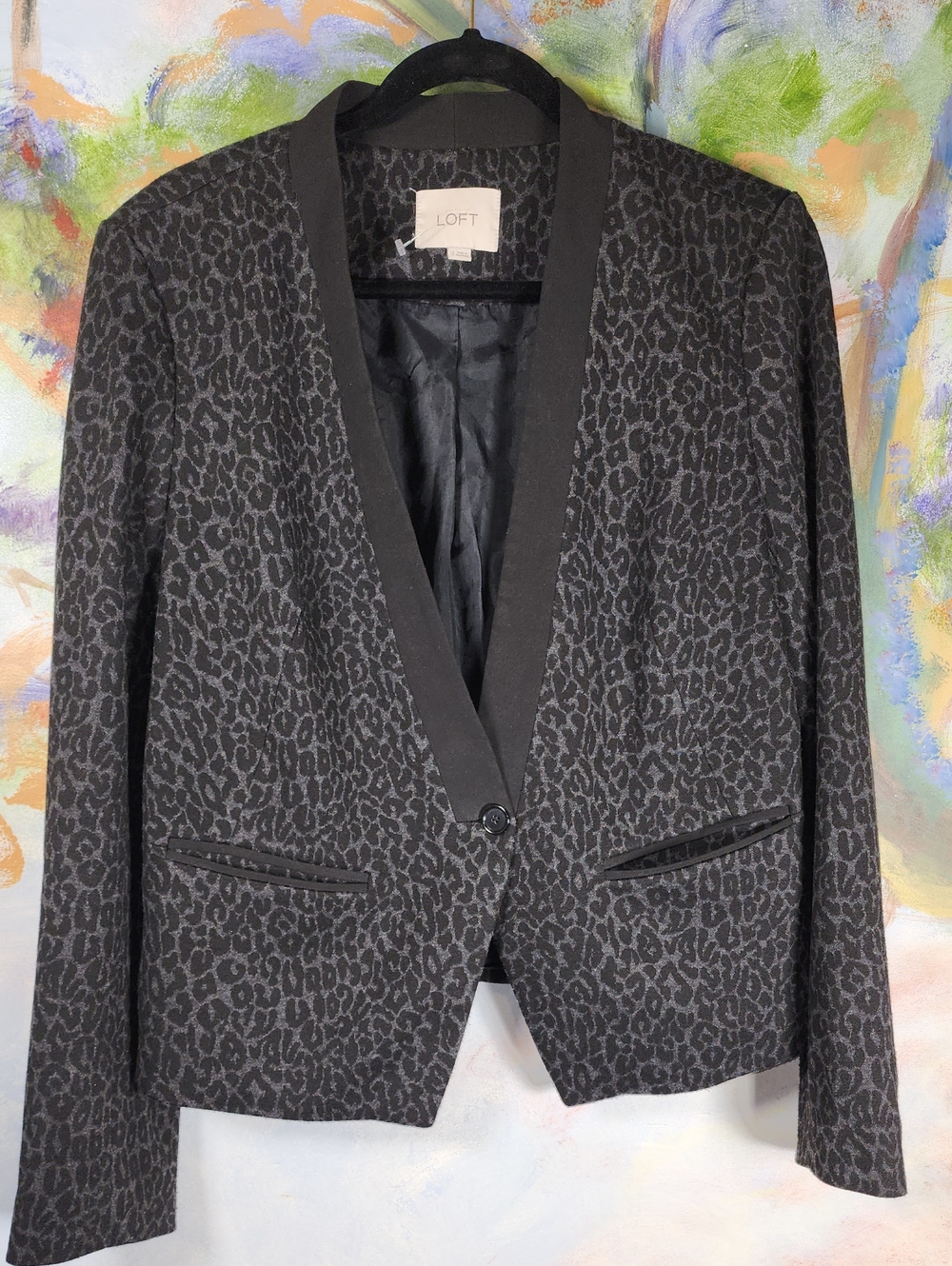 LOFT Black Leopard Jacquard Shawl-Collar Blazer